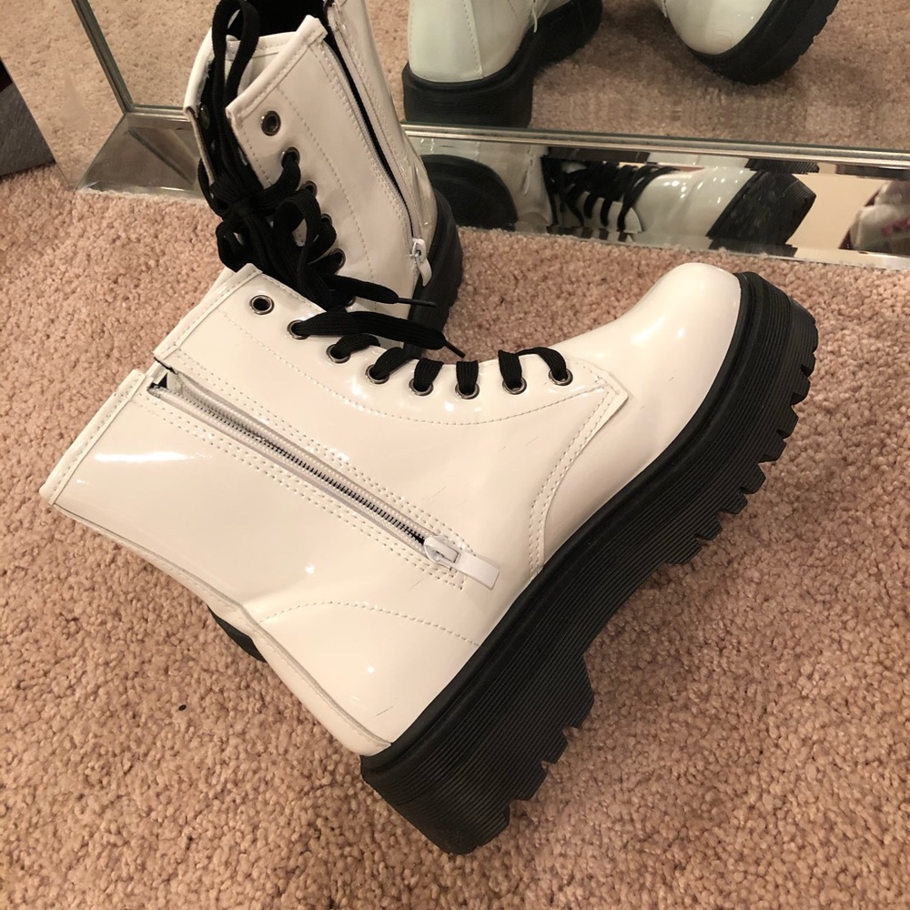White platform patent leather boots